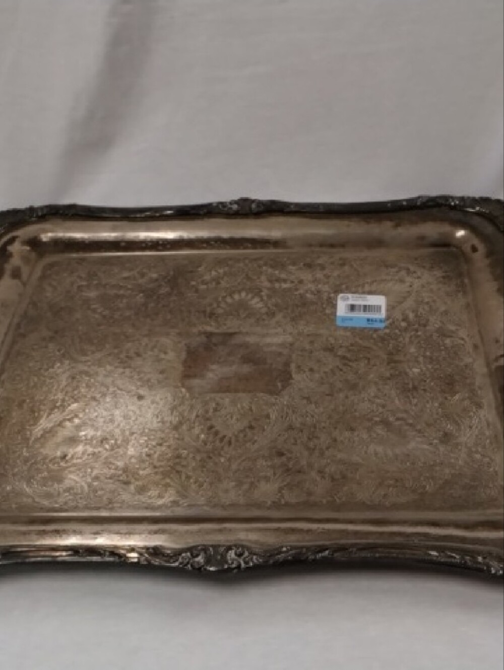 Antique-Style Ornate Serving Tray in Tarnished Silver Tone